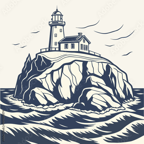 Stylized illustration of a solitary lighthouse and keeper s cottage perched atop a rugged rocky island surrounded by turbulent ocean waves and distant seagulls under a clear sky