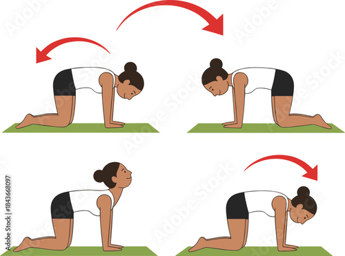 Woman performing the classic Cat-Cow stretching yoga pose on a mat, demonstrating a gentle spinal flexibility exercise for improving posture and relieving back tension.