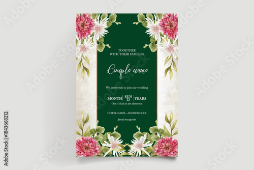 WEDDING INVITATION FRAME WITH FLOWER DECORATIONS AND FRESH LEAVES