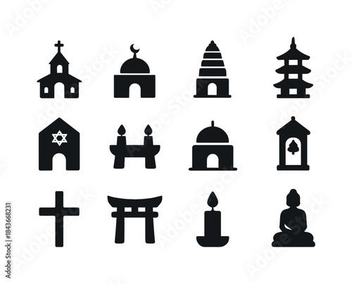 Places of Worship Icons. Places of Worship. Solid icon set of Pl