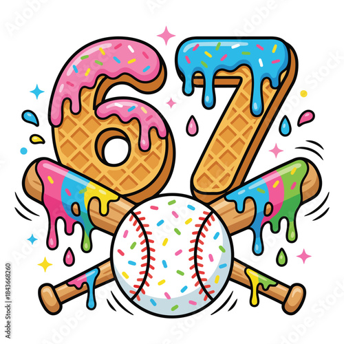 Six Seven Baseball Dessert Illustration – Cute Dripping Waffle Number Design.