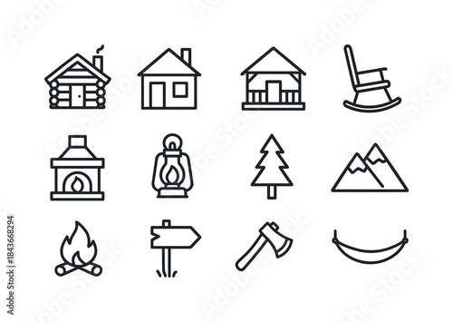Rustic Cabin Icons. Rustic cabins. Line icon set of Rustic cabin