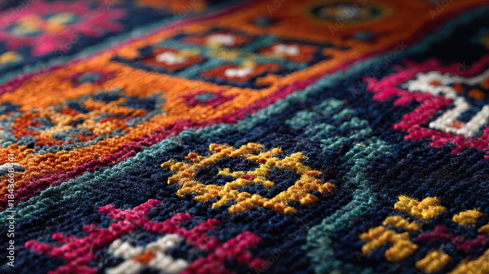 Fototapeta premium Close-up of a vibrant oriental rug showcasing intricate, colorful patterns. AI-generated image carpet