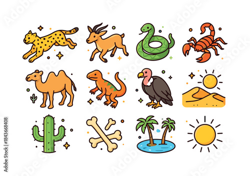 Desert Wildlife Icons. Desert chase. Colorful isometric vector i