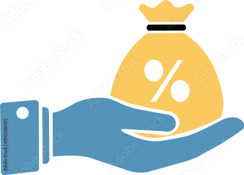 Vector art of a hand holding a money bag with a percent sign on it, , symbolizing financial savings or investment