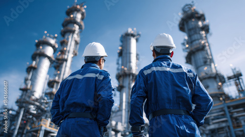 Two industrial workers in hard hats and blue overalls stand in front of a refinery complex. Engineers or technicians observe the large industrial structures of a petrochemical plant under a clear blue