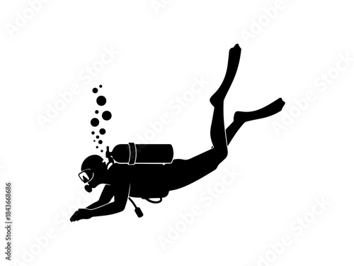 Silhouette of a scuba diver with bubbles rising from their tank, exploring the underwater world.