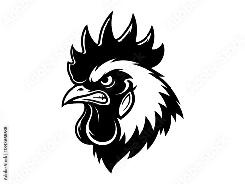 A stylized black and white illustration of an angry rooster's head.