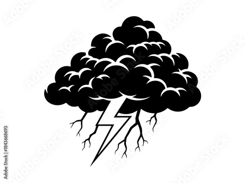A stylized black cloud with a lightning bolt striking downwards, representing a storm.