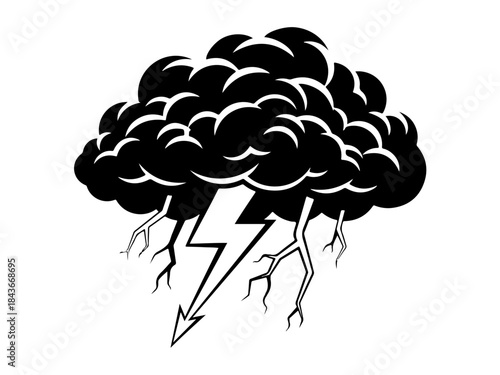 A stylized black and white illustration of a dark storm cloud with a lightning bolt striking downwards.