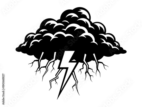 A stylized black and white illustration of a dark storm cloud with lightning bolts emanating from its base.
