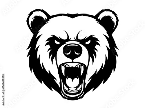 A fierce black and white illustration of a grizzly bear's head with its mouth open and teeth bared.