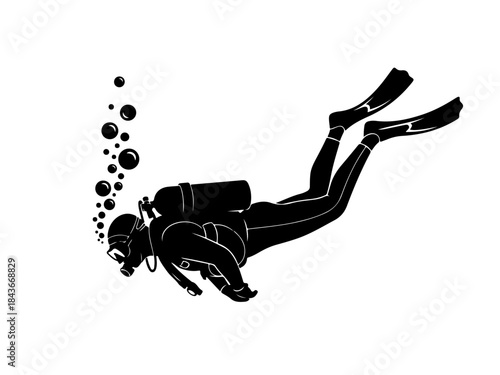 A black and white illustration of a scuba diver swimming underwater with bubbles rising.