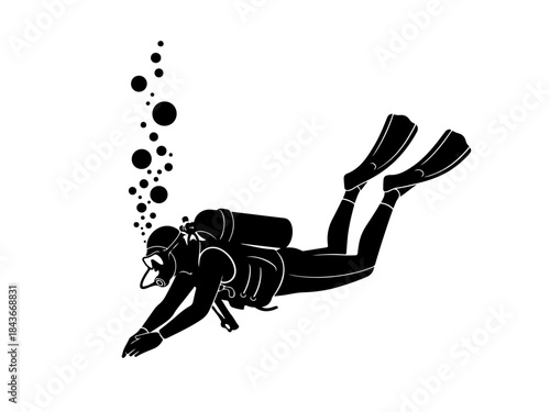 A black and white illustration of a scuba diver swimming underwater with bubbles rising.