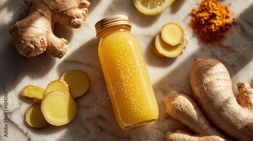 Fresh cold pressed ginger turmeric immunity shot in a glass bottle surrounded by raw ingredients