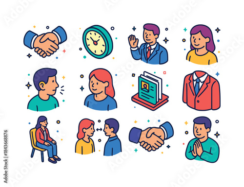 Interview Etiquette Icons. Interview etiquette. Colorful isometr
