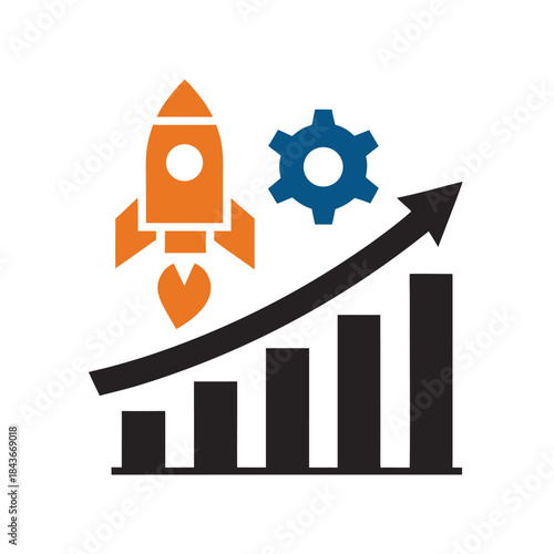 Orange rocket with blue gear and black upward trending graph