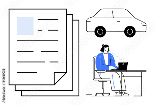 Car insurance. Car insurance documents alongside a woman working on a laptop and an automobile. Car insurance exploring digital processes, policy management, and claims. For insurance, technology