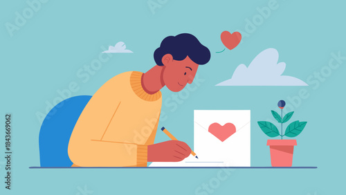 Man writing romantic message on laptop for Valentine’s Day, modern digital relationship vector illustration