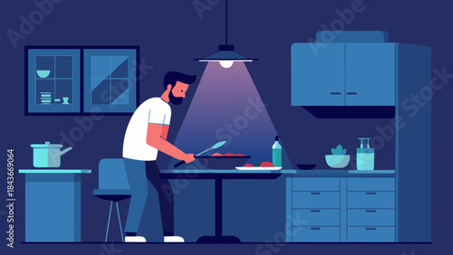 Man cooking meal in modern kitchen at night, everyday responsibility lifestyle vector illustration
