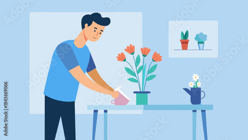 Man caring for houseplants at home, everyday wellbeing and care concept vector illustration