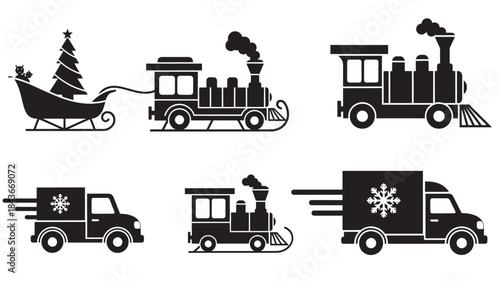 Christmas Train and Trucks with Snowflakes on White Background