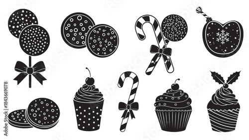 Black and White Illustration of Sweets and Desserts
