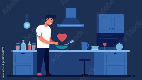 Man cooking dinner at home for Valentine’s Day, modern lifestyle kitchen vector illustration