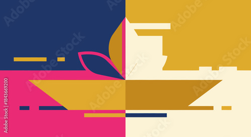 Abstract Geometric Boat Illustration with Contrasting Color Blocks.