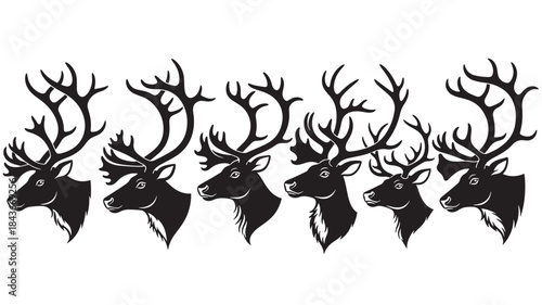 Black Reindeer Silhouettes with Antlers on White Background