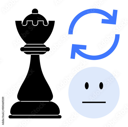 Strategy development, decision-making, planning, problem-solving, leadership, games. Chess piece, refresh symbol neutral face. Strategy and decision-making in problem-solving