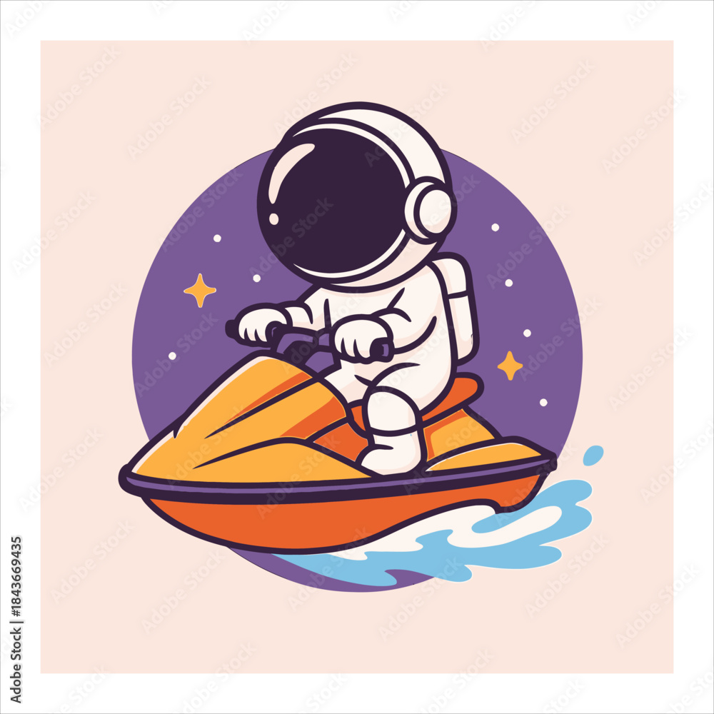 Naklejka premium Cartoon Astronaut Riding a Jet Ski Through Space with Stars and Water.