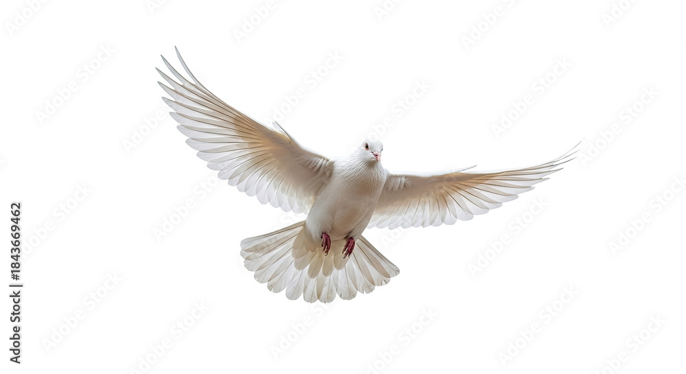Fototapeta premium A white dove flying against a white background.