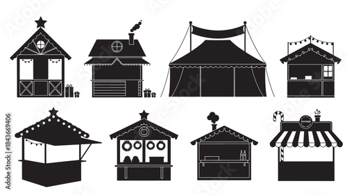 Black and White Illustration of Various Circus Buildings and Stalls