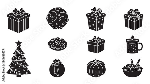 Black Christmas Icons on White Background