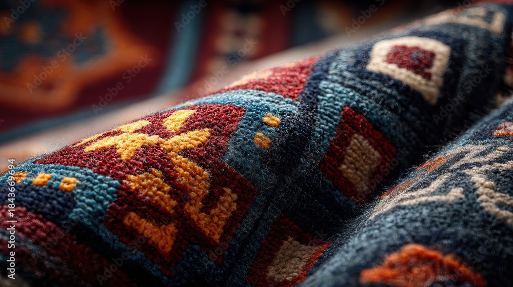 Fototapeta premium Close-up of a vibrant oriental rug showcasing intricate, colorful patterns. AI-generated image carpet