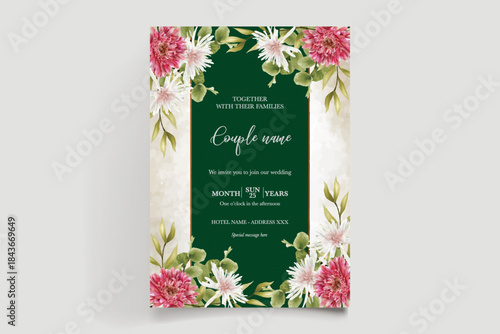 WEDDING INVITATION FRAME WITH FLOWER DECORATIONS AND FRESH LEAVES