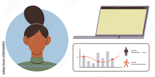 Woman with hair bun, open laptop, and analytics dashboard featuring bar graphs and trends. Ideal for business, data, teamwork, productivity, statistics research digital economy. Simple flat