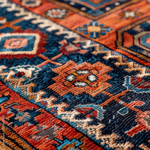 Close-up of a vibrant oriental rug showcasing intricate, colorful patterns. AI-generated image carpet