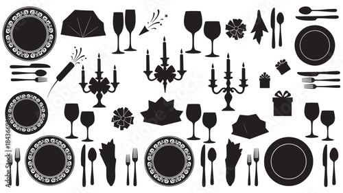 Black Dinnerware Silhouettes on White Background