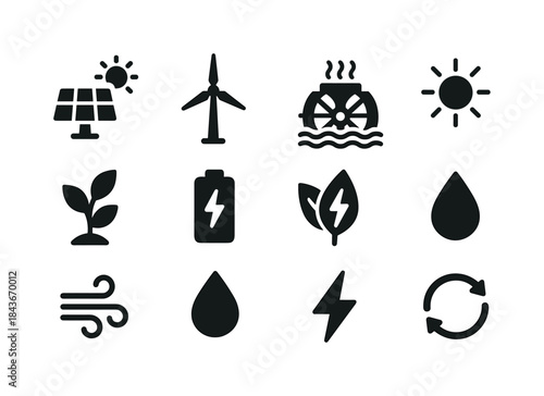 Renewable Energy Icons. Renewable power sources. Solid icon set
