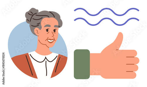 Elderly woman smiling in circular frame, green-sleeved hand with thumbs-up gesture, wavy lines representing calm or flow. Ideal for kindness, positivity, approval, well-being, support, affirmation