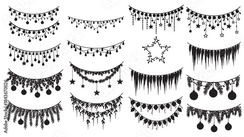 Black Garland Banners with Stars, Hearts, and Ornaments on White Background