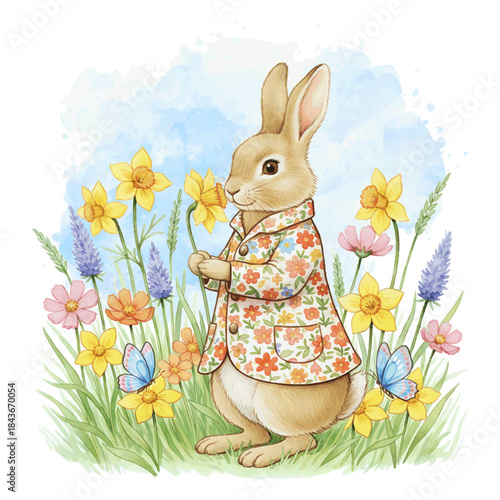 Cute Watercolor Bunny in Floral Coat Holding Daffodil Spring Illustration