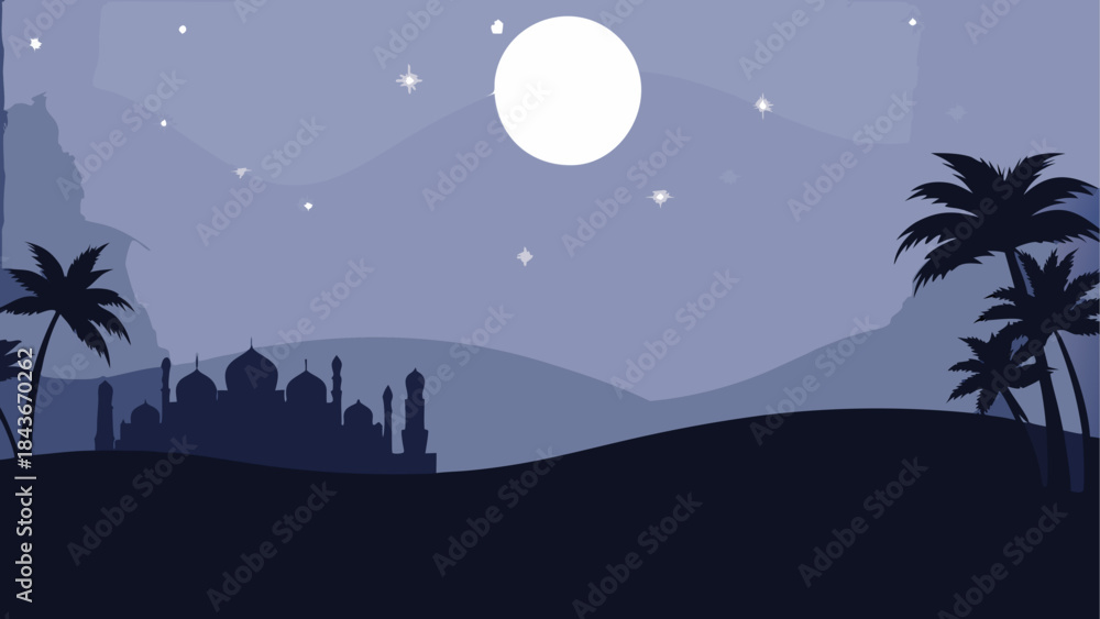 Naklejka premium Camels silhouetted against a desert sunset reflection Two camels by a desert oasis at sunset 