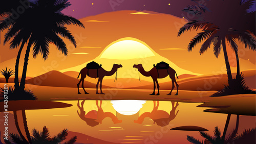 Camels silhouetted against a desert sunset reflection Two camels by a desert oasis at sunset 