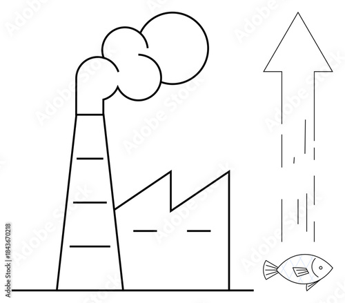 Environmental issues, air pollution, industrial emissions, climate change, ecological damage, sustainability. Factory emitting smoke with upward arrow and fish. Air pollution and ecological damage