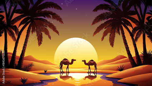 Camels silhouetted against a desert sunset reflection Two camels by a desert oasis at sunset 