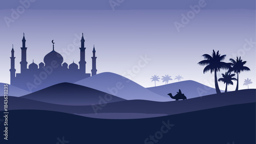 Camels silhouetted against a desert sunset reflection Two camels by a desert oasis at sunset 