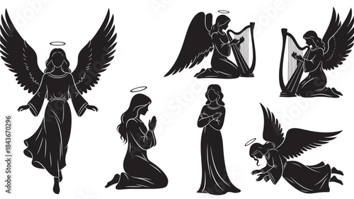 Black Angel Silhouettes Praying Kneeling Flying